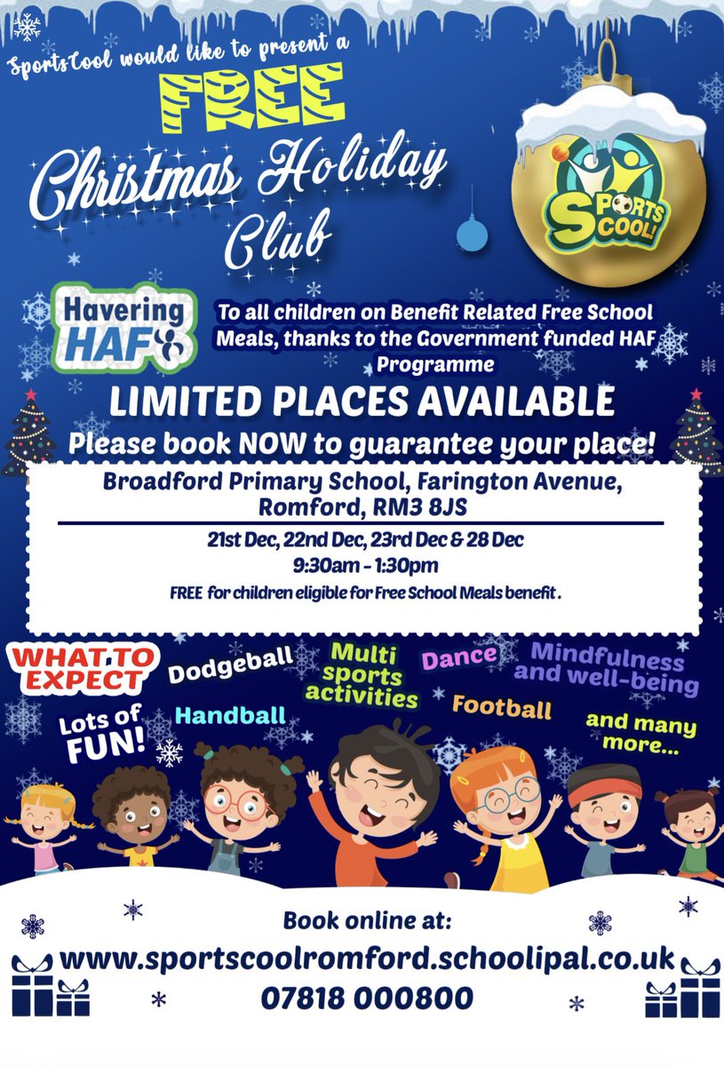SportscoolR's tweet photo. Christmas has around and so has the free HAF Christmas holiday club. Can’t wait!!! 🎄⚽️🏀🎾⚾️🏒🏏🏅 
#multisports #winter #holidayclub #fun #healthyfood @HAFHAVERING #hafhavering https://t.co/aCGyBfKG71