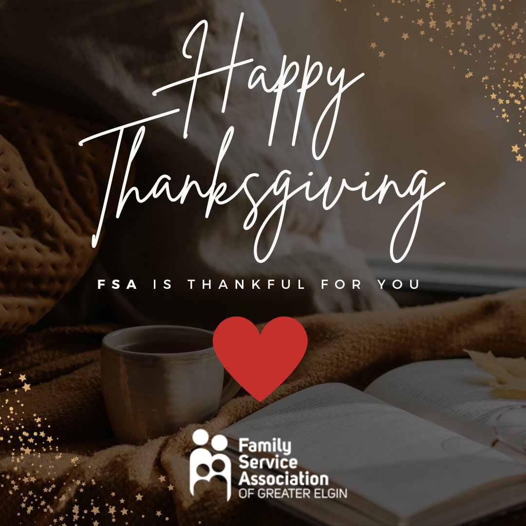 FSAElgin's tweet image. Happy Thanksgiving from all of us at Family Service Association of Greater Elgin! 
We hope your day is filled with gratitude, kindness and laughter. 

We are grateful for you everyday! ❤️

#Grateful #Thankful #FSAElgin