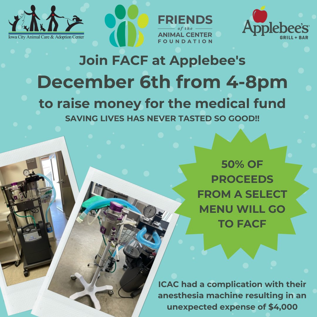 Mark your calendars! Applebee's is hosting a fundraiser for the animals!

#iowacity #iowa #applebees #iowacityanimalcareandadoptioncenter