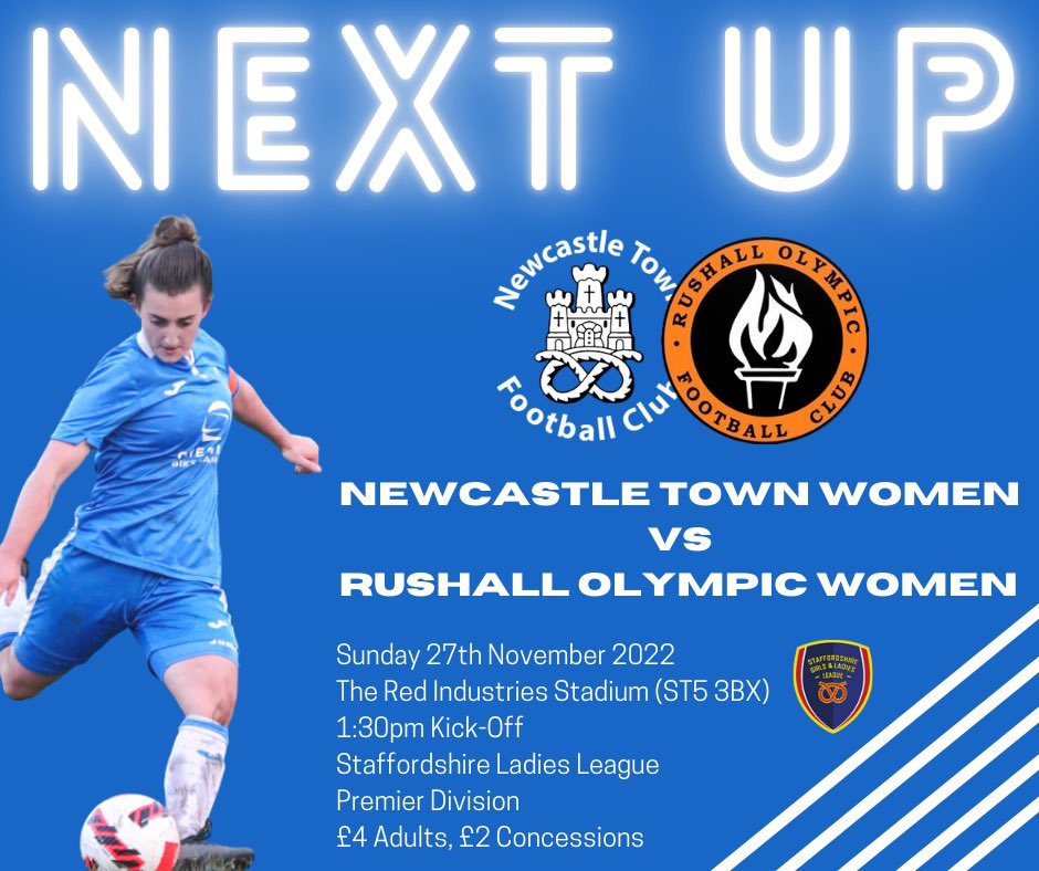 🔵⚪️ NEXT UP ⚪️🔵

🆚 Rushall Olympic Women (H)
🏆 SGLFL Premier Division
🗓 Sunday 27th November 2022
🏟 The Red Industries Stadium 
(ST5 3BX)
⏰ 1:30pm Kick-Off
🎟️ £4 Adults, £2 Concessions

We would really appreciate the Castle army’s support this weekend!

🔵⚪️⚽️