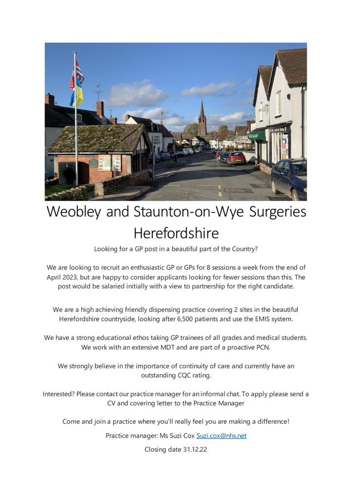 dua_ritesh's tweet photo. Are you a GP who is interested in working in a beautiful part of England, where continuity of care is the the heart of our rural Practice. Join our friendly team where you will really feel that you are making a difference! #MedTwitter #Herefordshire #BeTheDifferenceHW https://t.co/hmk72B7EeC