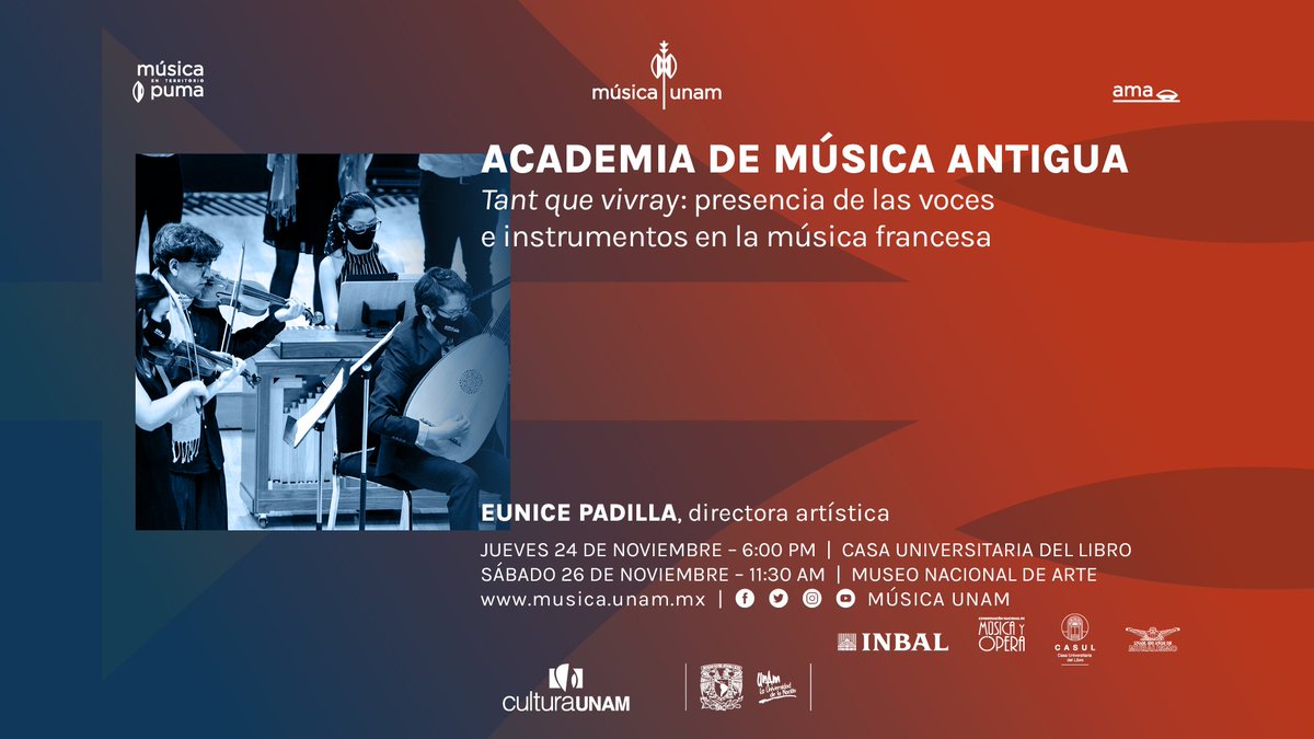 Mañana la #AMA presenta “Tant que vivray: presencia de las voces e instrumentos en la música francesa”, en el que convive la música vocal con la instrumental de los siglos XVI al XVIII.

Consulta cartelera: musica.unam.mx/calendario?cal… 

#MúsicaUNAM #CulturaUNAM