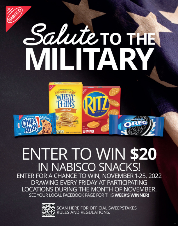 exchange_tinker's tweet photo. Salute to the Military Sweepstakes!

Come inside the Tinker Express stores to enter in our local drawing!
November 1 - 25, 2022 https://t.co/CkFhcdEG01