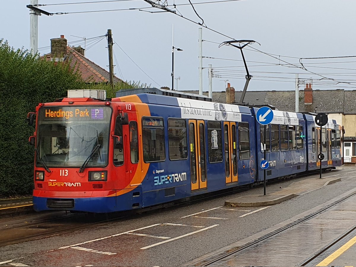 JamesTGlossop's tweet image. Sheffield Supertram 113 seen leaving Spring Lane tram stop this afternoon working a Purple Route service to Herdings Park. (23/11/2022) #SpringLane #Sheffield #Supertram #SouthYorkshire @JedKendray @303032T