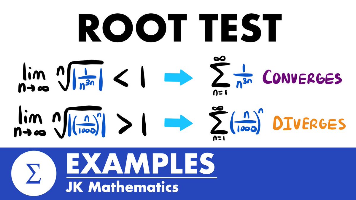 jk_mathematics's tweet photo. Practice using the root test to determine the convergence or divergence of a series with the examples in my new video for Calculus 2 now available on YouTube!

Link: https://t.co/ApvQKuWGtM

#math #calculus #youtube #series #jkmath https://t.co/JUmWzsh5hp