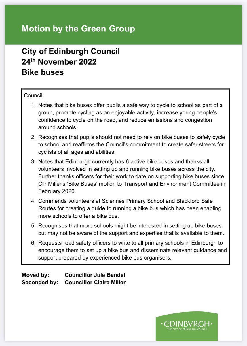Cllr Jule Bandel (@julebandel) on Twitter photo Excited to bring my first motion to Full Council on bike buses! 🚲 
I want Edinburgh’s streets to be safe enough for every child to cycle to school on their own. While we work on that, let’s support bike bus initiatives that make the journey to school safe, sustainable & fun. ✨ Excited to bring my first motion to Full Council on bike buses! 🚲 
I want Edinburgh’s streets to be safe enough for every child to cycle to school on their own. While we work on that, let’s support bike bus initiatives that make the journey to school safe, sustainable & fun. ✨
