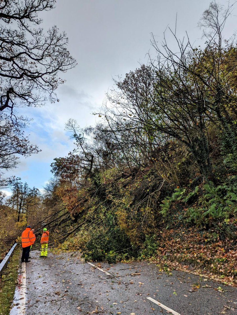 Good thing I don't need to get to the shops. TORNADO brings down trees & closes A470 between Builth & Erwood. It sucked up River Wye water into a water spout and blew roofs off farm buildings. #Tornado #A470 #BuilthWells (Photo by Matthew Keeble)