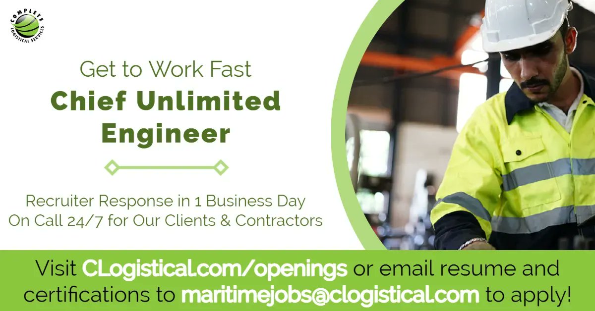 Chief Engineer –Unlimited wanted! 

CLS is accepting applications for experienced, motivated Engineers. #GetToWorFast with this wonderful work opportunity. Click the link below to learn more. 

clogistical.com/chief-engineer… 

#CLS #CLogistical #CompleteLogisticalServices