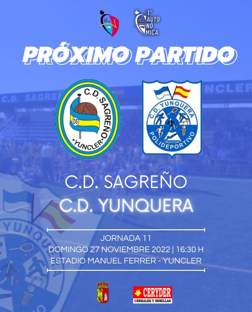 cd_yunquera's tweet photo. 🔹¡𝗣𝗥𝗢𝗫𝗜𝗠𝗢 𝗣𝗔𝗥𝗧𝗜𝗗𝗢!

🏆 #1ªAutonómicaCLM / Grupo 4 / Jornada 11
🆚 #CDSagreño

📆 Domingo 27-11-2022
⌚ 16:30 H

🏟️ Estadio Manuel Ferrer - Yuncler
🎟️ 3€
🚍 GRATIS

¡Vente con nosotros! 😜

#123yunquera 💙 #HagamosCrecerLaIlusión
#SagreñoYunquera https://t.co/zg6H5VvNe7
