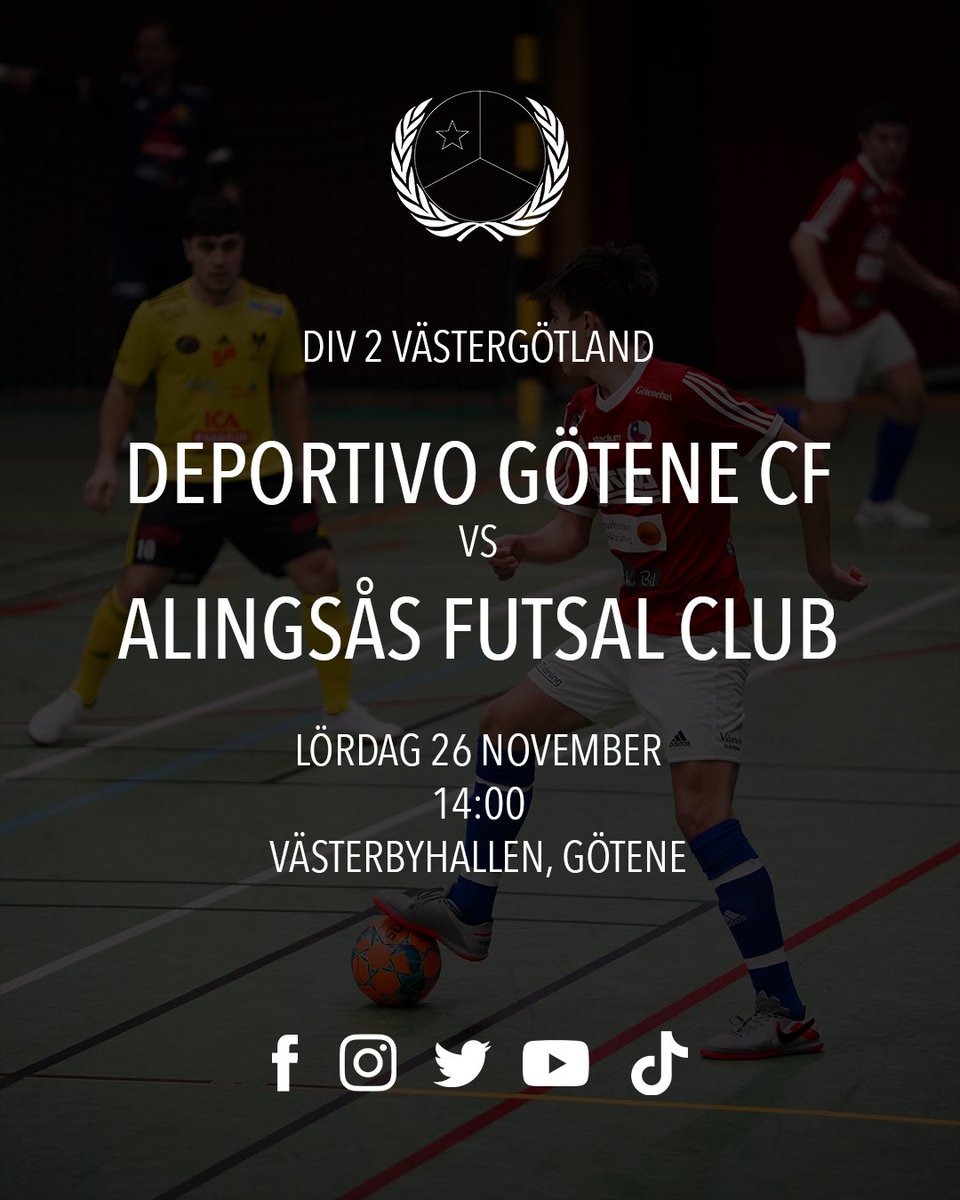 DeportivoGotene's tweet photo. Då var det dags för seriespel igen när vi tar emot Alingsås Futsal Club i Västerbyhallen!

Bli stödmedlem för endast 100 kr och få fri entré till säsongens alla hemmamatcher! Säljs på plats.

Ses på lördag! #Vamos https://t.co/hR6i72z8BA