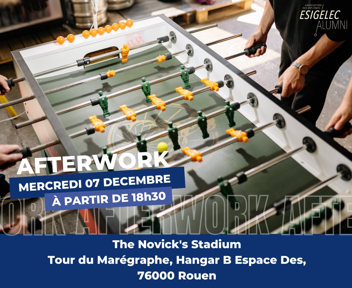 EsigelecAlumni's tweet image. Afterwork @EsigelecAlumni 🍻

Cette fois-ci on vous emmène au bord de la Seine, dans un bar sportif, le Novick&apos;s Stadium où billard, baby foot et jeu de fléchettes font partie de la fête. 🎱⚽🎯

📅 𝗤𝘂𝗮𝗻𝗱 ? le 07 décembre 2022 à partir de 18h30

Partagez la nouvelle.