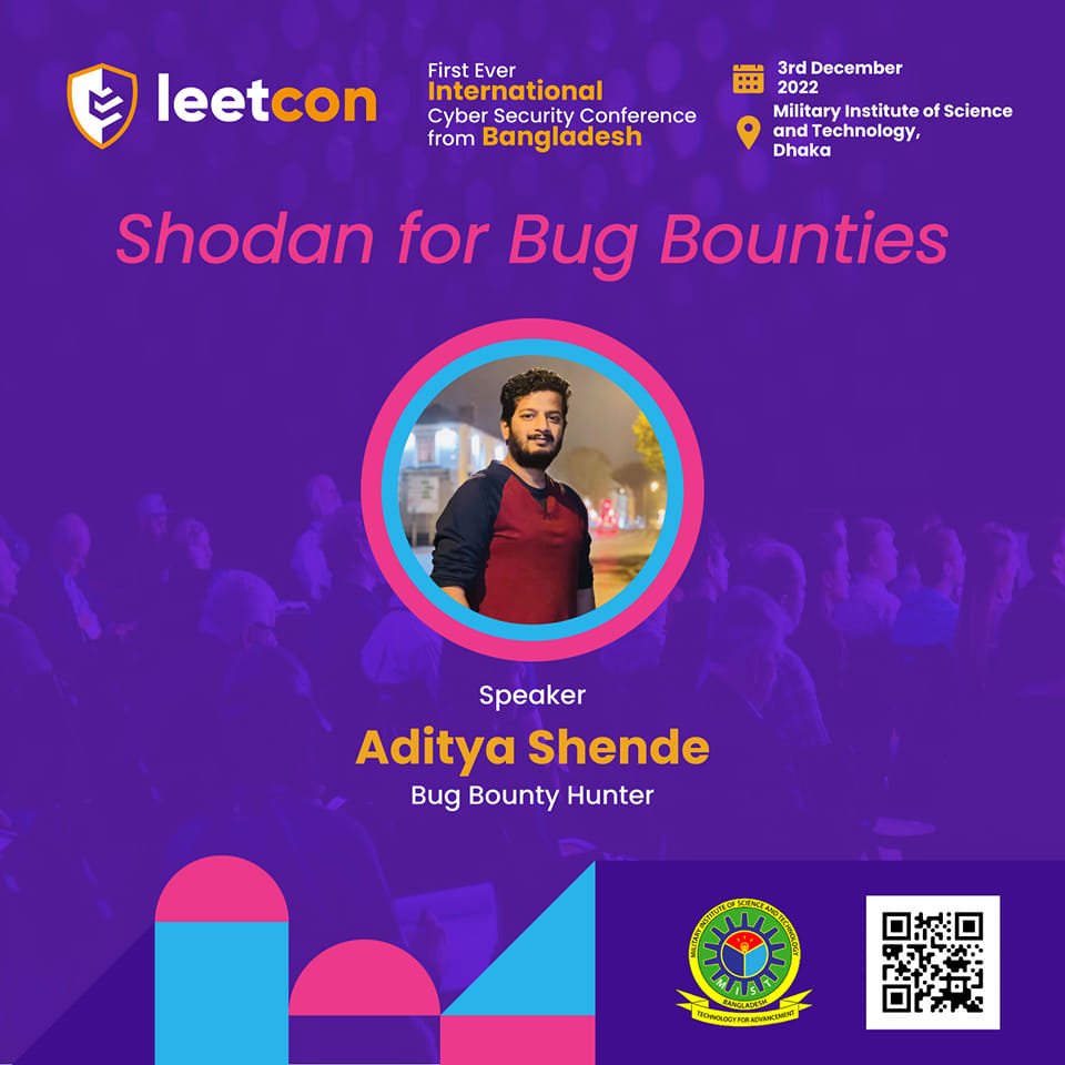 leetconference's tweet photo. Aditya Shende (@ADITYASHENDE17 ), one of the best bug bounty hunters from India will present his talk on 'Shodan for Bug Bounties' at LeetCon.
Register Now: https://t.co/2Z8QMn0Z5M
#leetcon #cybersecurity #bugbounty #ctf #infosec https://t.co/wwWFCRIXif
