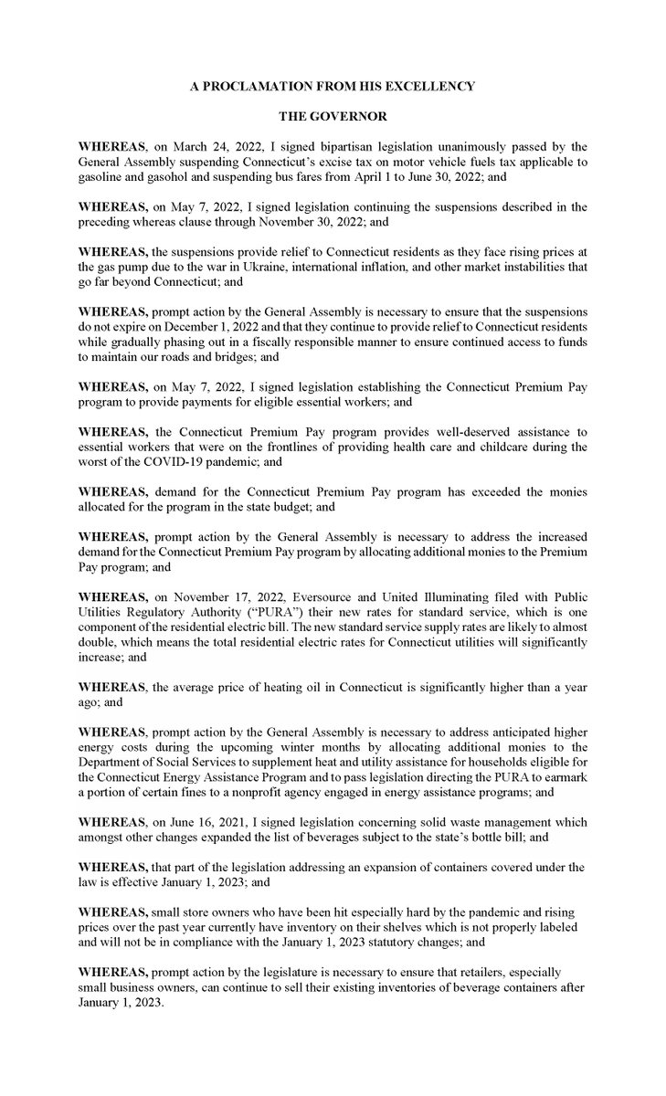 GovNedLamont's tweet photo. I've signed a proclamation calling the General Assembly in special session on 11/28 to:

- Extend gas tax suspension
- Extend suspension of fares on buses
- Approve funds for energy assistance
- Approve funds for Premium Pay program
- Modify effective date of bottle bill https://t.co/czToefapy8