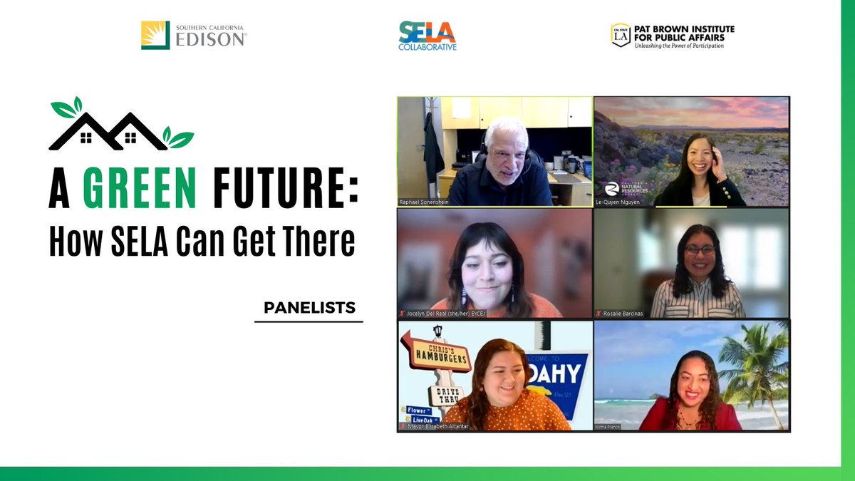 What might a green future look like in #SELA?

Check out the recording of our webinar to hear from a spectacular panel of speakers <a href="/SCE/">SCE</a>, <a href="/selacollab/">SELA Collaborative</a>, <a href="/CityOfCudahyCA/">City of Cudahy, CA</a>, and <a href="/eycej/">EYCEJ</a>.

🔗youtube.com/watch?v=Blcm0t…