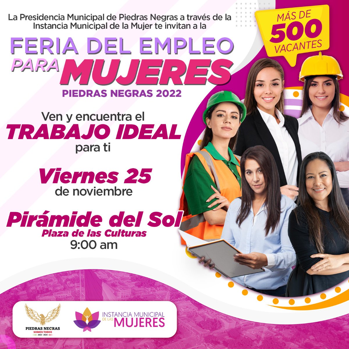 FERIA DE #EMPLEO para #MUJERES en Piedras Negras.

FECHA: Viernes 25 de Noviembre
HORA: 9:00 am
LUGAR: Pirámide del Sol

#PiedrasNegras #VisiónDeFuturo