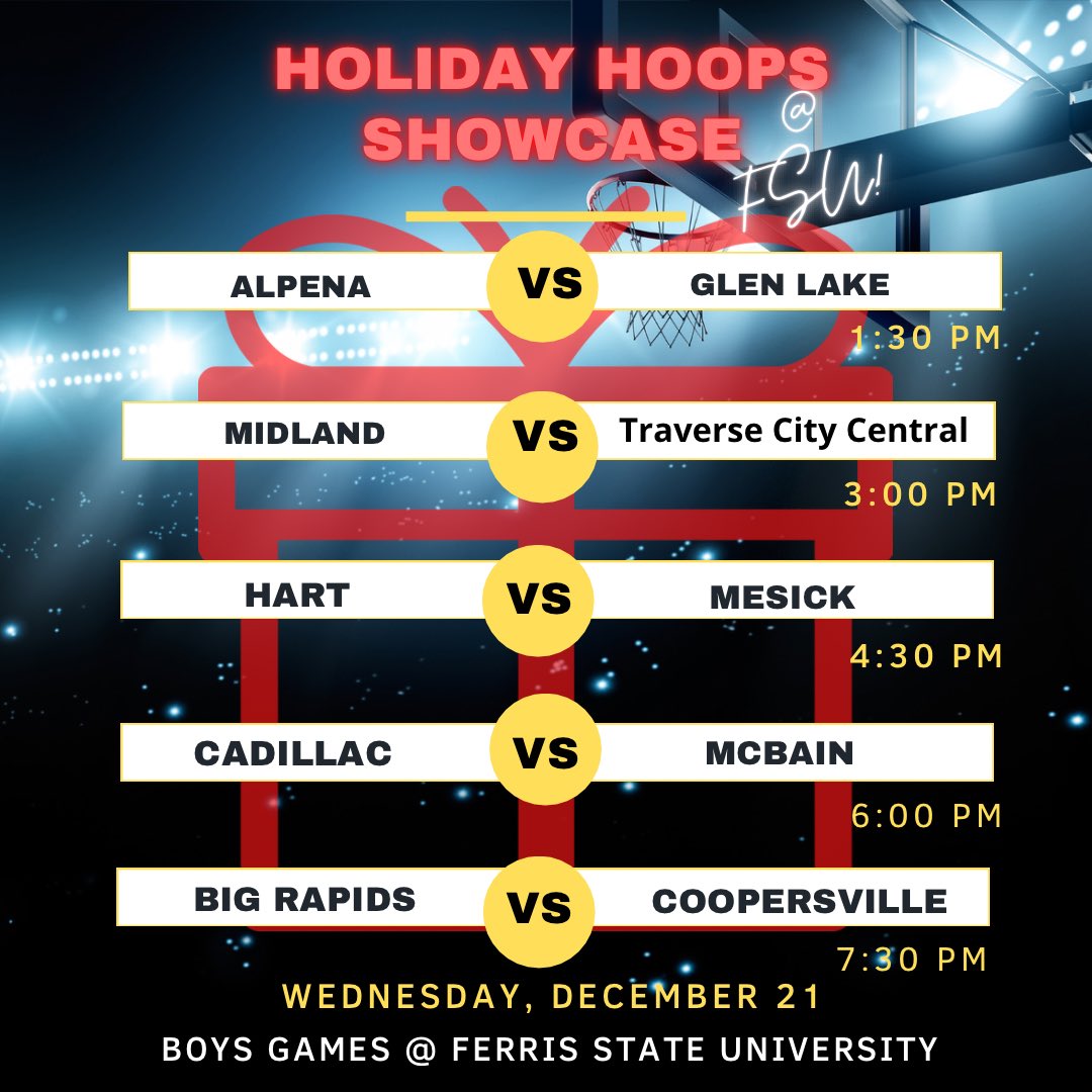 Here is day 2 of The Holiday Hoops Showcase @FSU! We will have 5 BOYS games on Wednesday, December 21st! <a href="/BigRapidsCards/">Big Rapids High School Athletics</a> <a href="/BankHoops/">Bank Hoops - Stephen Bell</a> @MISportsNow @BRCardinalBBall <a href="/CoopsBoysBball/">CoopersvilleBoysBALL</a>