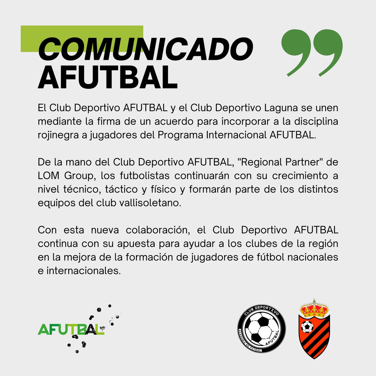afutbalES's tweet photo. 🚨 COMUNICADO AFUTBAL 🚨

Acuerdo con el C.D. Laguna 🤝

#afutbal #academia #futbol #dejahuella #comunicado #acuerdo #cdlaguna https://t.co/LIzNTUccju