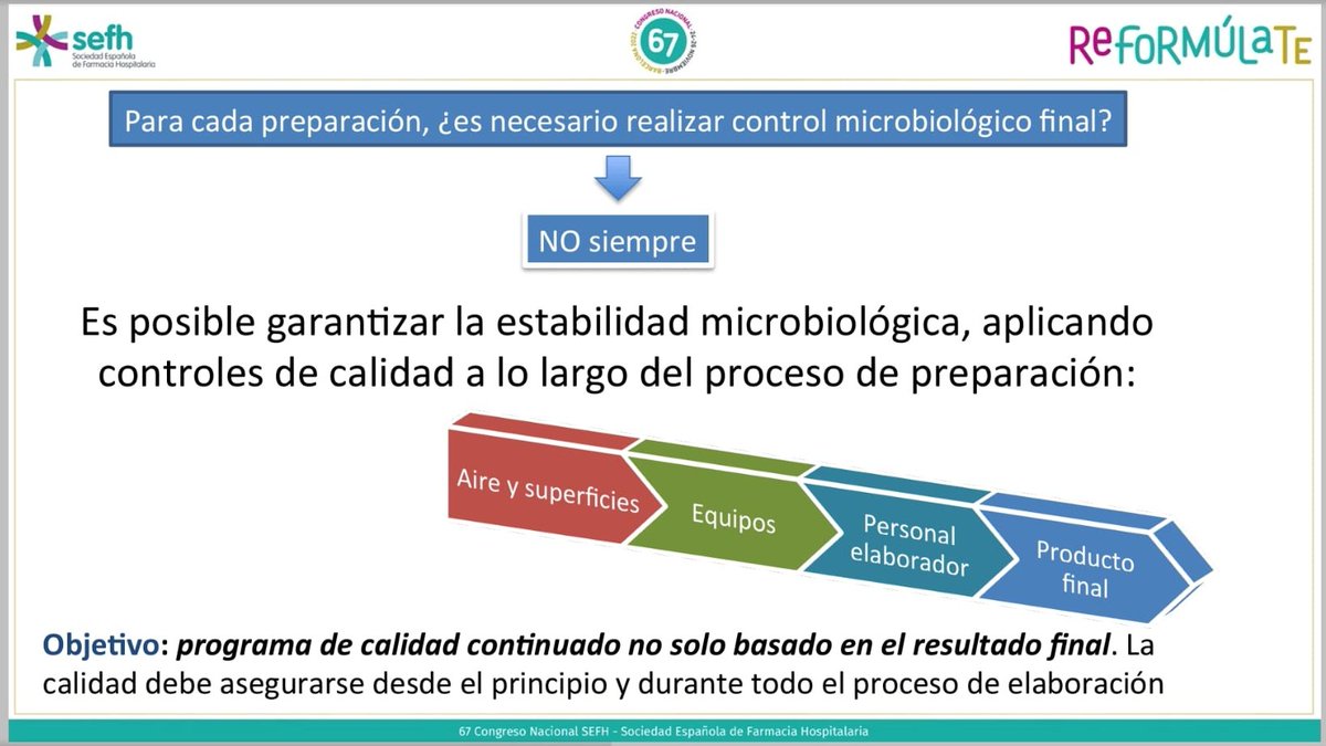 Las preparaciones estériles es una actividad asistencial fundamental en los SFH
Debe de asegurarse un programa de garantía de calidad durante todo el proceso de elaboración: 
✅Equipos🤖
✅Aire y superficies🌬️
✅Personal elaborador👩🏻‍🔬
✅Producto acabado💉
<a href="/begonafeal/">BEGOÑA FEAL</a> #sefh22
