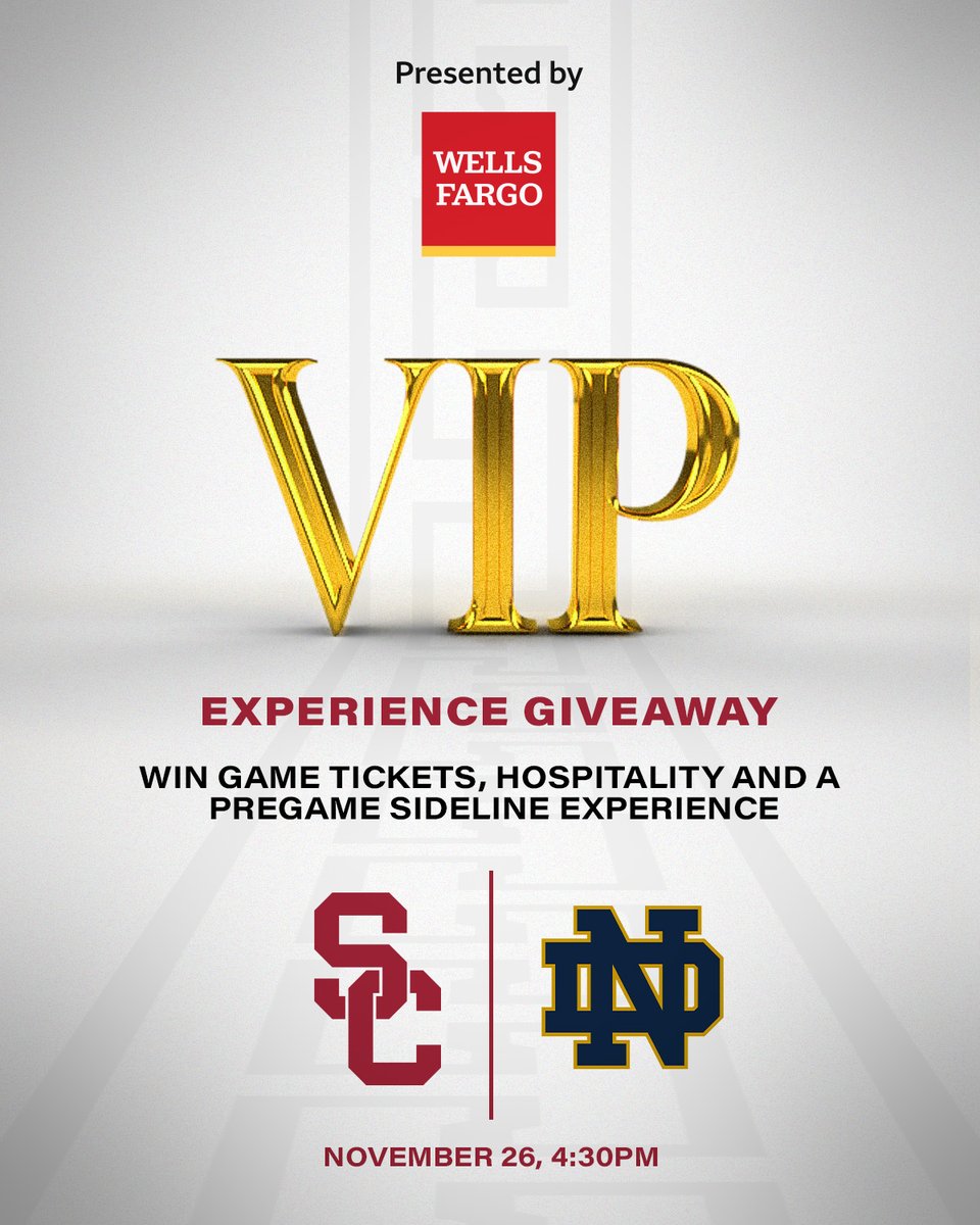 USC Trojans (@usc_athletics) on Twitter photo We’re giving one lucky fan a VIP experience at this Saturday’s <a href="/uscfb/">USC Football ✌️</a> game, presented by <a href="/WellsFargo/">Wells Fargo</a>!
Retweet to enter for your chance to win! We’re giving one lucky fan a VIP experience at this Saturday’s <a href="/uscfb/">USC Football ✌️</a> game, presented by <a href="/WellsFargo/">Wells Fargo</a>!
Retweet to enter for your chance to win!