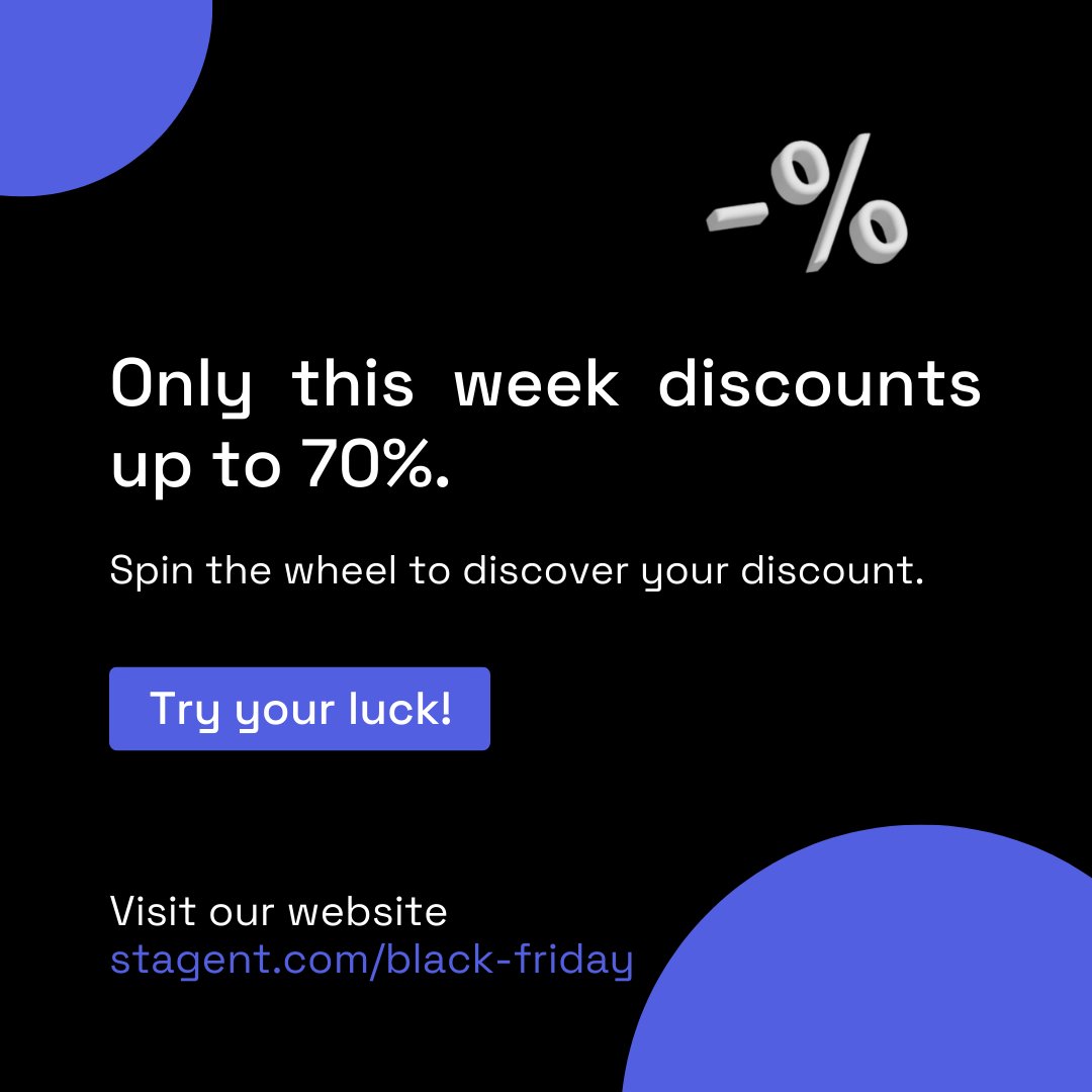 It’s Black Friday week! That means that you can only this week get discounts up to 70%🥳Spin the wheel to discover your discount. Be aware, this is a limited time offer. Use your discount code no later than Monday 28 November..

Go to Stagent.com/black-friday and try your luck!🤩