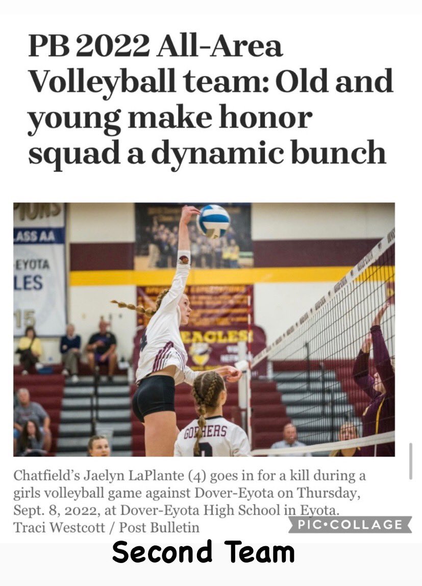 Jaelyn LaPlante (@jaelyn_laplante) on Twitter photo Thank you <a href="/Sports_PB/">Post-Bulletin Sports</a> for picking me for the 2022 All Area volleyball Second Team! It’s an honor and I couldn’t have done it without my teammates and coaches. @ChatfieldVBmn Thank you <a href="/Sports_PB/">Post-Bulletin Sports</a> for picking me for the 2022 All Area volleyball Second Team! It’s an honor and I couldn’t have done it without my teammates and coaches. @ChatfieldVBmn