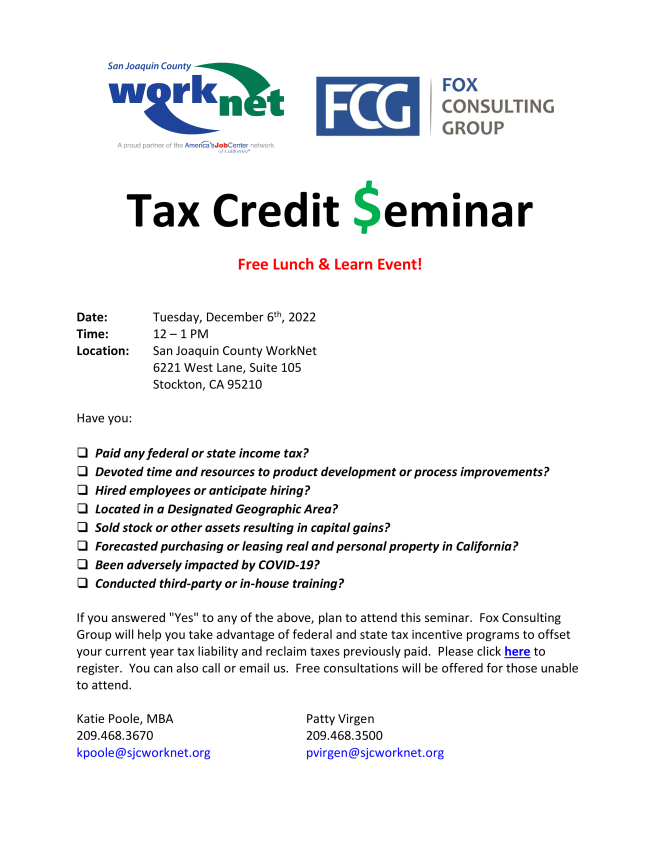 📢 CORRECTION 📢
A post made on Nov 20 regarding the Tax Credit Seminar had incorrect information on its flyer. The correct one is posted below. 
🗓 Tue, Dec 6, 2022
📍 Stockton's WorkNet Center - 6221 West Ln, St105 Stockton, CA 95210
⏰ 12 PM - 1 PM
REG: conta.cc/3ETVtd1