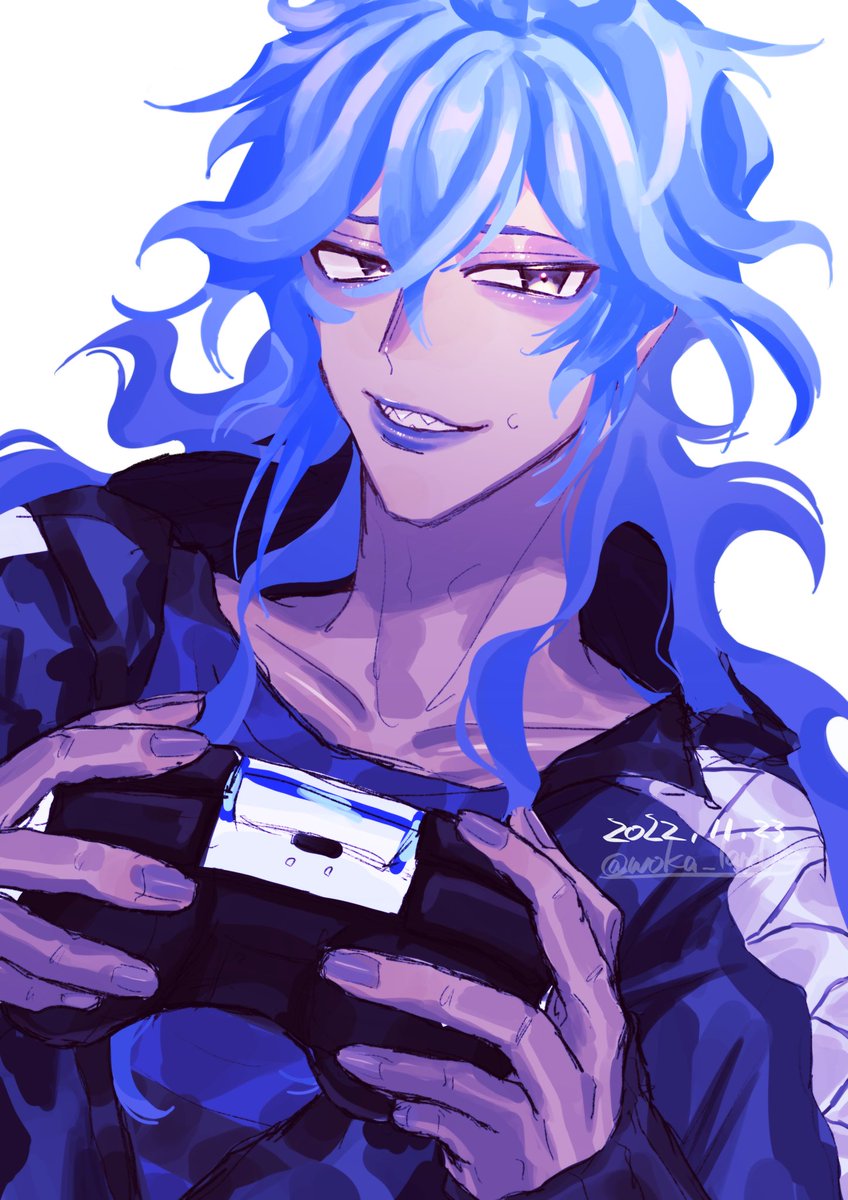 male focus 1boy solo holding long hair blue hair jacket  illustration images
