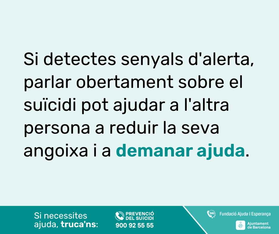 TPrevSuicidi's tweet photo. 🗣️ Parlar sobre el #suïcidi no només no incita a l’altra persona a cometre’l, sinó que pot reduir la seva ansietat i patiment.

Oferir-nos a parlar sobre el suïcidi si detectem senyals d’alerta en una persona propera pot ser un acte molt important de #prevenció. https://t.co/z2QBmLOS8A