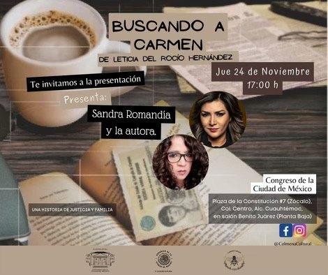 Estimado Duranguense
Te hacemos la cordial invitación a la presentación del libro "Buscando a Carmen" de la duranguense <a href="/LeticiadelRocio/">Leticia del Rocío Hernández</a>, la cual se llevará a cabo el próximo 24 de nov a las 17:00 hr, en el "Congreso de la 
CDMX", Plaza de la Constitución 7, Centro Histórico.