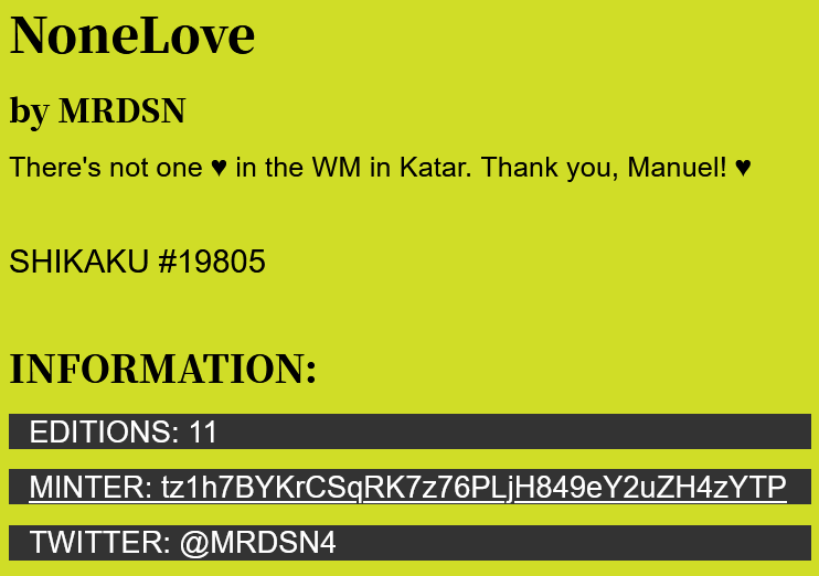 💔𝐍𝐨𝐧𝐞𝐋𝐨𝐯𝐞💔
There's not one ♥ in the WM in Katar. Thank you, Manuel! ♥

8bidou.com/item/?id=19805
objkt.com/asset/8bidou-8…

#OneLove #nonelove #wm #katar #8bidou #retro #tez $xtz $tez #objkt #tezos #MRDSN