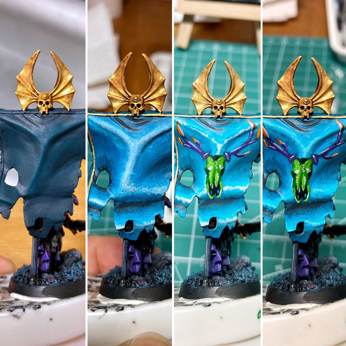 NevalainenJuho's tweet photo. ”On tämä saatana työmaa”.
Even thou i have some experience in miniature canvas painting FREEHANDING A BANNER is a bit beyond my pay grade. Took me 2-3h to paint the base values and the reindeer skull which is based on my artist logo #WarhammerCommunity #ageofsigmar #freehanding https://t.co/miFYzZvMRl