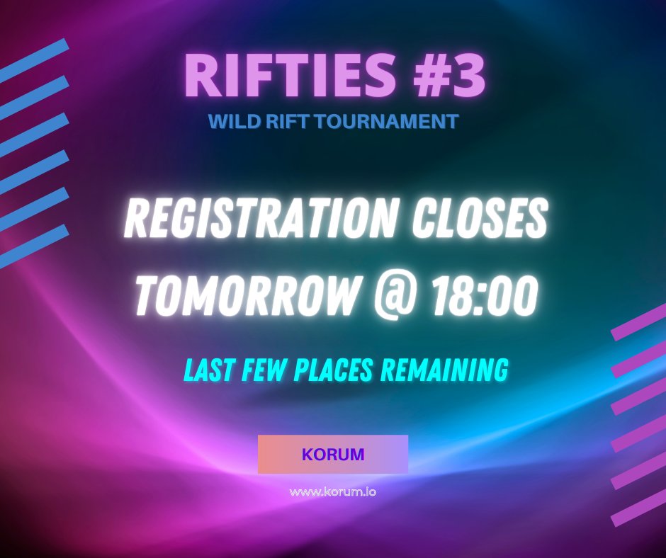 Korumdotio's tweet photo. Thanks for all the team registration so far for #korumtournaments !

The #Wildrift tournament this weekend will be our most exciting yet.

Registrations closing soon, don't miss out! 

Head to https://t.co/HoiXPo9iiv to sign up! https://t.co/uC7xEqQP88