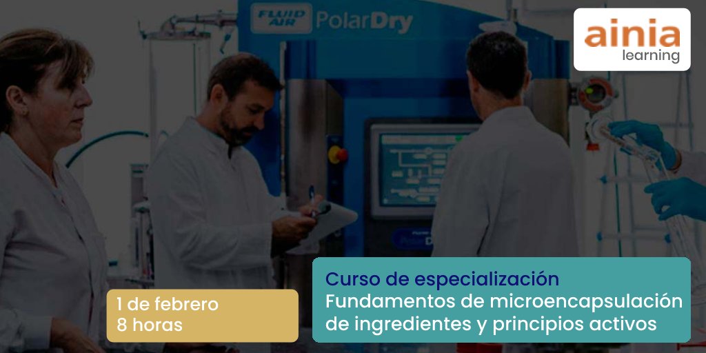 ainiatecnologia's tweet photo. 🗓¡Save the date! El 1 febrero 2023 celebraremos el Curso: Fundamentos de Microencapsulación de ingredientes y principios activos. Conocerás las tecnologías de producción de encapsulados y sus técnicas de caracterización.
¡Apúntate ya!👉https://t.co/nsA9di1zdc
#AINIALearning https://t.co/kZPG53409w