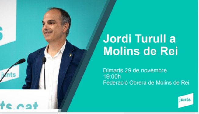 👉🏻Dimarts 29 a les 19h a la #fede ens acompanyarà <a href="/jorditurull/">Jordi Turull i Negre</a> 

▶️ La independència comença als municipis. 
La independència comença a #molinsderei 💛

T’hi esperem! 
#mésjunts <a href="/JuntsXCat/">Junts per Catalunya🎗</a>