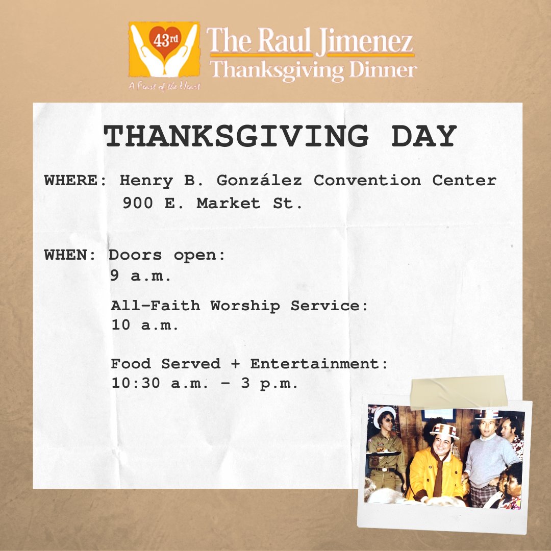 JimenezDinner's tweet image. FOR OUR GUESTS: Tomorrow, November 24, is the big day. Thanksgiving will be here &amp;amp; we want to serve you! 

For our community: If you know of anyone in need of a meal, please share this for them to join us @ the 43rd annual Raul Jimenez Thanksgiving Dinner, our feast of the heart.