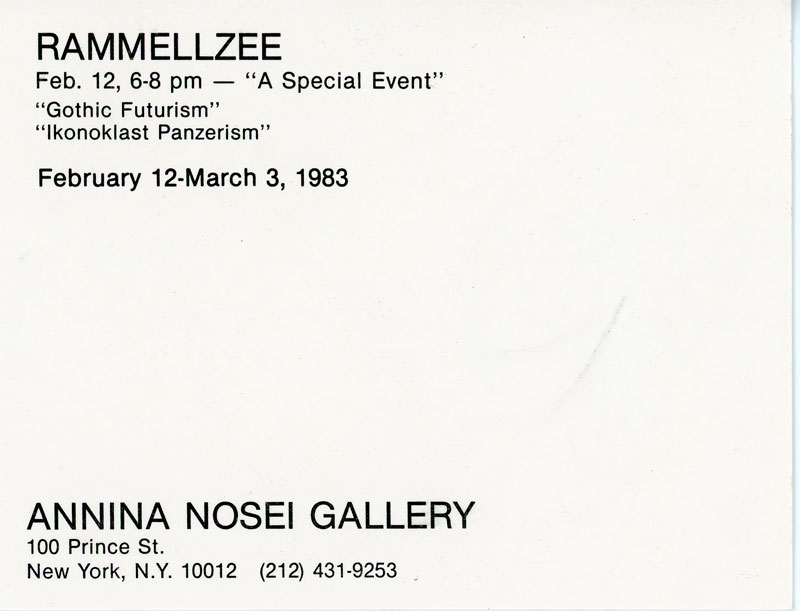 Rammellzee should have turned 63 today

RIP Rammellzee 
(12/15/1960 - 6/27/2010)

Rammellzee
Annina Nosei Gallery, A Special Event, Card, 1983

gallery.98bowery.com/2018/annina-no…

#rammellzee #gothicfuturis