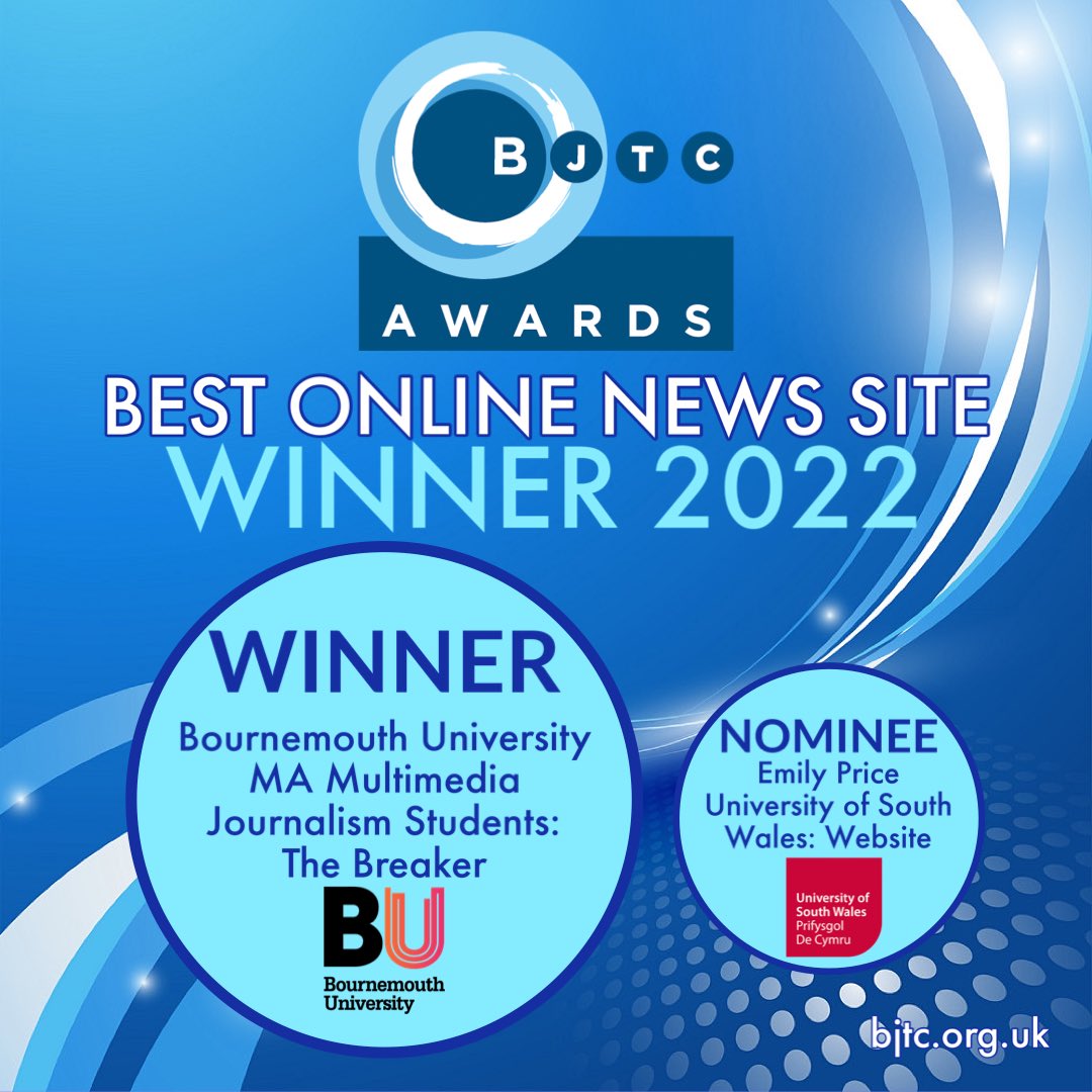 BJTC_UK's tweet image. Congratulations to the BJTC Journalism Award winners for the BEST ONLINE NEWS SITE: Bournemouth University MA Multimedia Journalism Students and nominee Emily Price, University of South Wales and bjtc.org.uk/awards #bjtcawards @Journalism_BU @EPriceJourno @Journo_USW