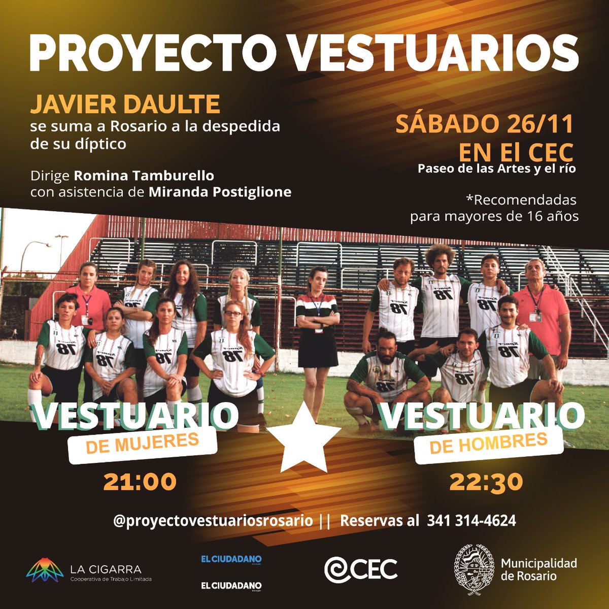 CEC_Rosario's tweet photo. 🎭 Proyecto Vestuarios llega el sábado 26/11 a #ElCEC con la presencia de su dramaturgo Javier Daulte e integrado por las obras “Vestuario de mujeres” a las 21 hs. y “Vestuario de hombres”, a las 22.30 hs., bajo la dirección de Romina Tamburello. 

@culturarosario https://t.co/0Jn1I5pjCG