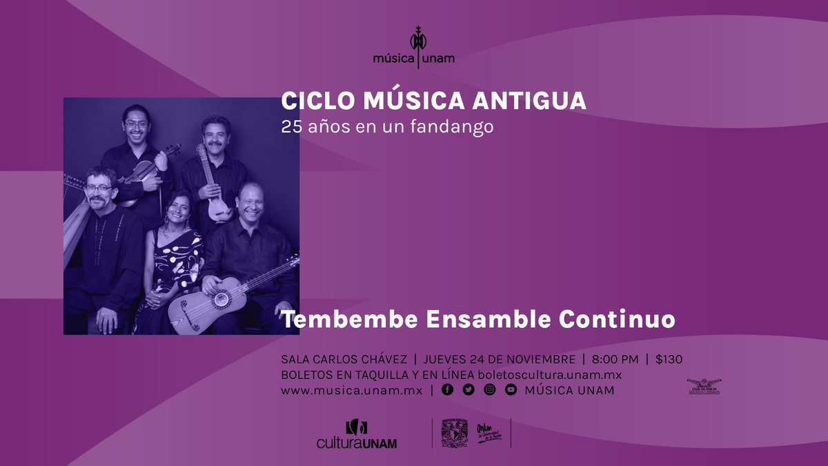 Mañana ven al concierto de Tembembe Ensamble Continuo. Escucharás cantos de los primeros códices de música popular en América, danzas estilizadas europeas del barroco y sones de tarima que se zapatean en los fandangos actualmente. Link:
musica.unam.mx/calendario/eve… 

#CulturaUNAM