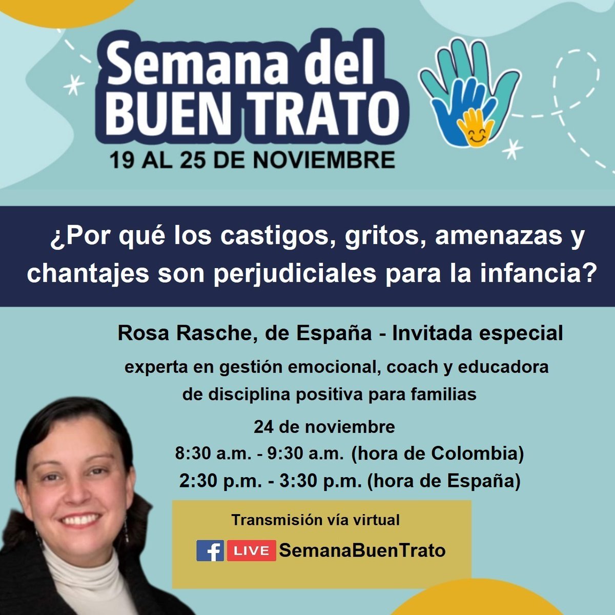 El horario correcto en España para la conferencia con <a href="/RosaRasche/">Rosa Rasche</a> es de 2:30 p.m. a 3:30 p.m. En Colombia, de 8:30 a.m. a 9:30 a.m. Acompáñanos en esos horarios desde: facebook.com/semanabuentrato