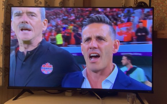 Is that <a href="/Cmdr_Hadfield/">Chris Hadfield</a> next to John Herdman during the anthem before <a href="/CanadaSoccerEN/">Canada Soccer</a> kicks off at the World Cup!?

I’d recognize that ‘stache anywhere. 🚀 ⚽️