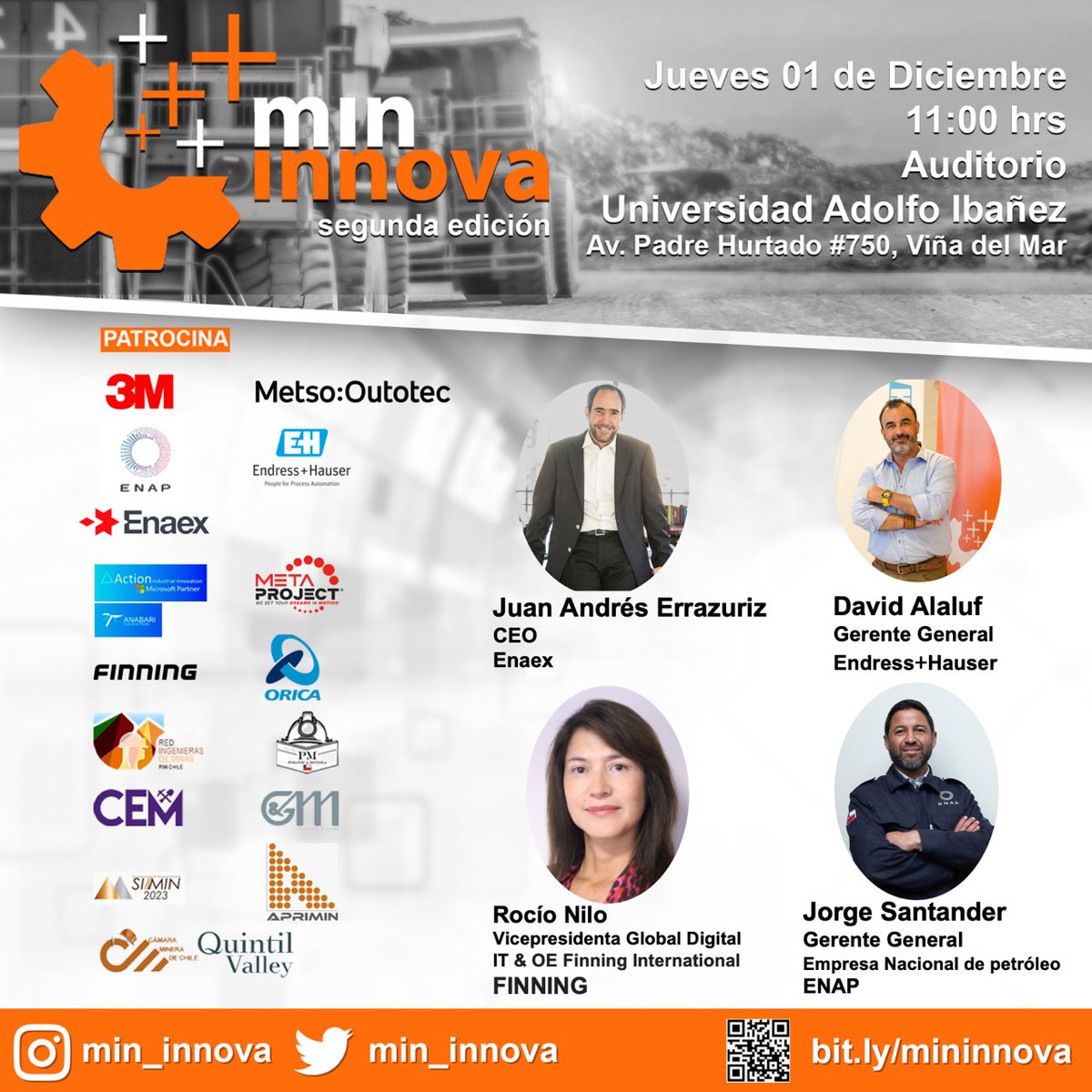 Participa en la segunda edición de las charlas de <a href="/Min_Innova/">Mininnova</a>. 🔝

En la jornada se abordará la minería como un ecosistema constituido por distintos actores. 🌐

📌 1 de diciembre a las 11:00 horas en el Auditorio del Campus UAI de Viña del Mar.