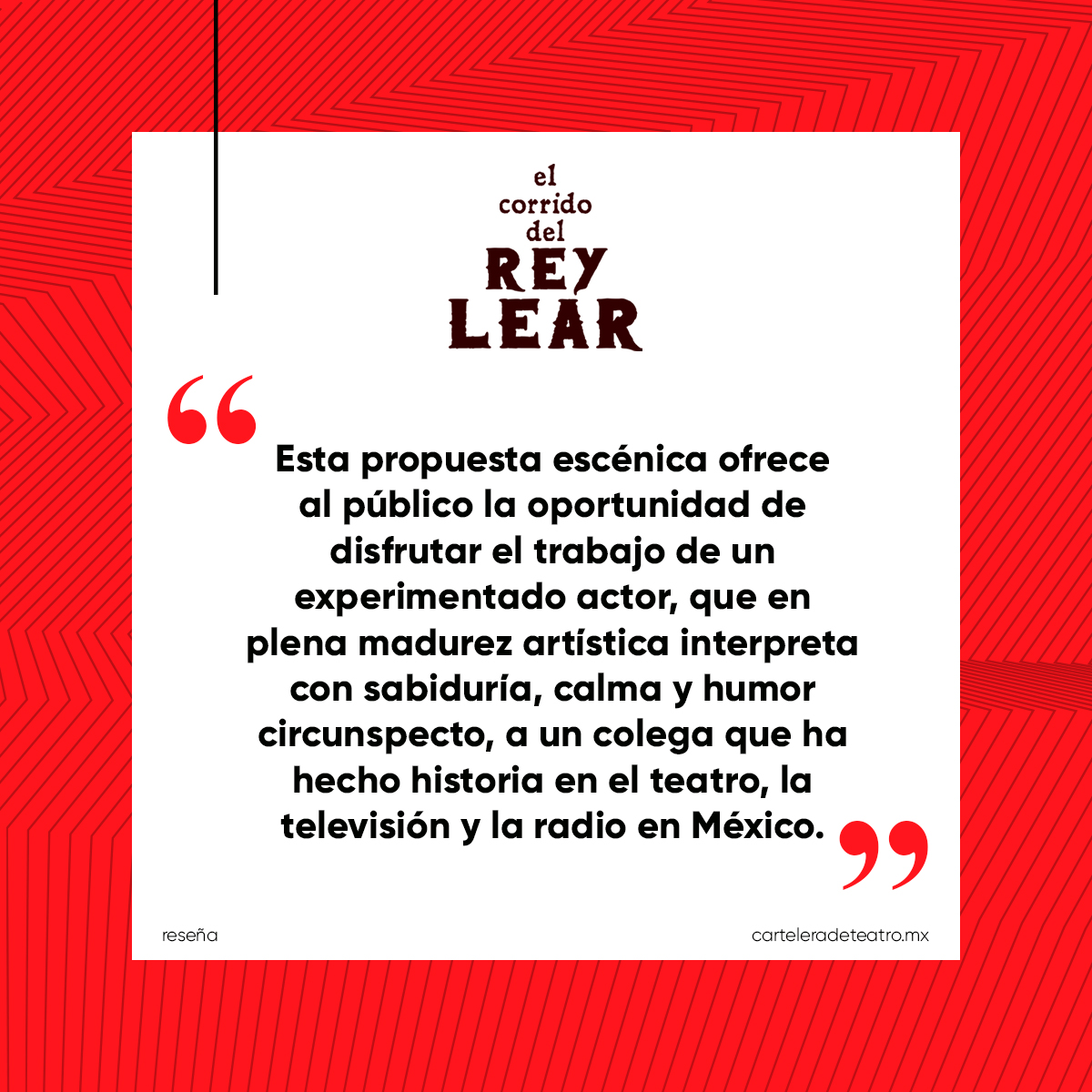 Cartelera de Teatro (@elteatrocdmx) on Twitter photo 🔔¡Nueva reseña! 𝗔𝗹𝗲𝗴𝗿í𝗮 𝗠𝗮𝗿𝘁í𝗻𝗲𝘇 escribe sobre #ElcorridodelreyLear que se presenta de martes a jueves en el <a href="/Helenico/">Centro Cultural Helénico</a>
<a href="/PunoDeTierra/">Puño de Tierra</a> <a href="/ProsperoMx/">Prospero Teatro</a> <a href="/fdobonilla/">Fernando Bonilla</a>
Lee la reseña completa aquí 👇🗒🖊🎭
carteleradeteatro.mx/2022/el-corrid… 🔔¡Nueva reseña! 𝗔𝗹𝗲𝗴𝗿í𝗮 𝗠𝗮𝗿𝘁í𝗻𝗲𝘇 escribe sobre #ElcorridodelreyLear que se presenta de martes a jueves en el <a href="/Helenico/">Centro Cultural Helénico</a>
<a href="/PunoDeTierra/">Puño de Tierra</a> <a href="/ProsperoMx/">Prospero Teatro</a> <a href="/fdobonilla/">Fernando Bonilla</a>
Lee la reseña completa aquí 👇🗒🖊🎭
carteleradeteatro.mx/2022/el-corrid…