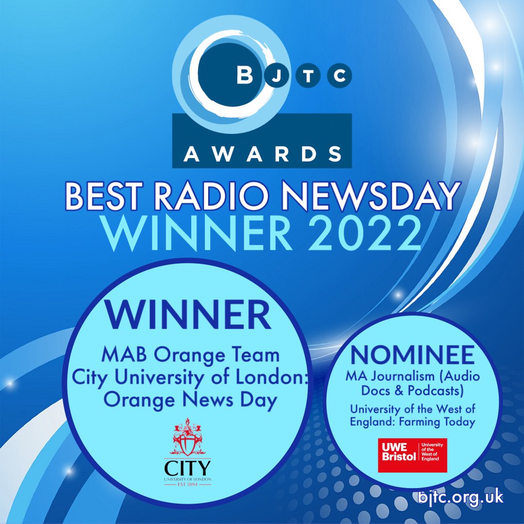 BJTC_UK's tweet photo. Congratulations to the BJTC Journalism Award winners for BEST RADIO NEWSDAY: MAB Orange Team, City University and nominees MA Journalism (Audio Docs &amp; Podcasts), University of the West of England https://t.co/g9Im3JR3Ng #bjtcawards @cityjournalism @UWEJournalism https://t.co/RtaVySVLzJ