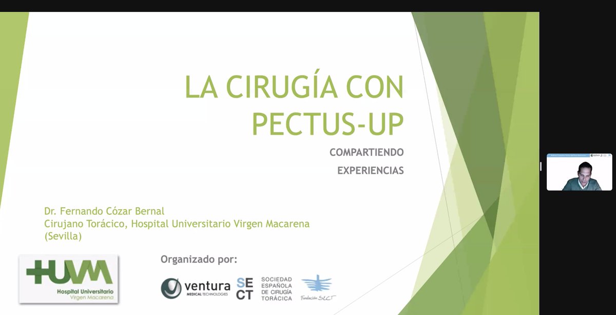 El Dr. Fernando Cózar #CirujanoTorácico del Hospital Universitario Virgen Macarena empieza su ponencia sobre la cirugía con la innovadora técnica Pectus Up® New Generation en el Webinar Formativo dirigido a especialistas cirujanos en pared torácica organizado junto <a href="/SECTtoracica/">SECT</a>.