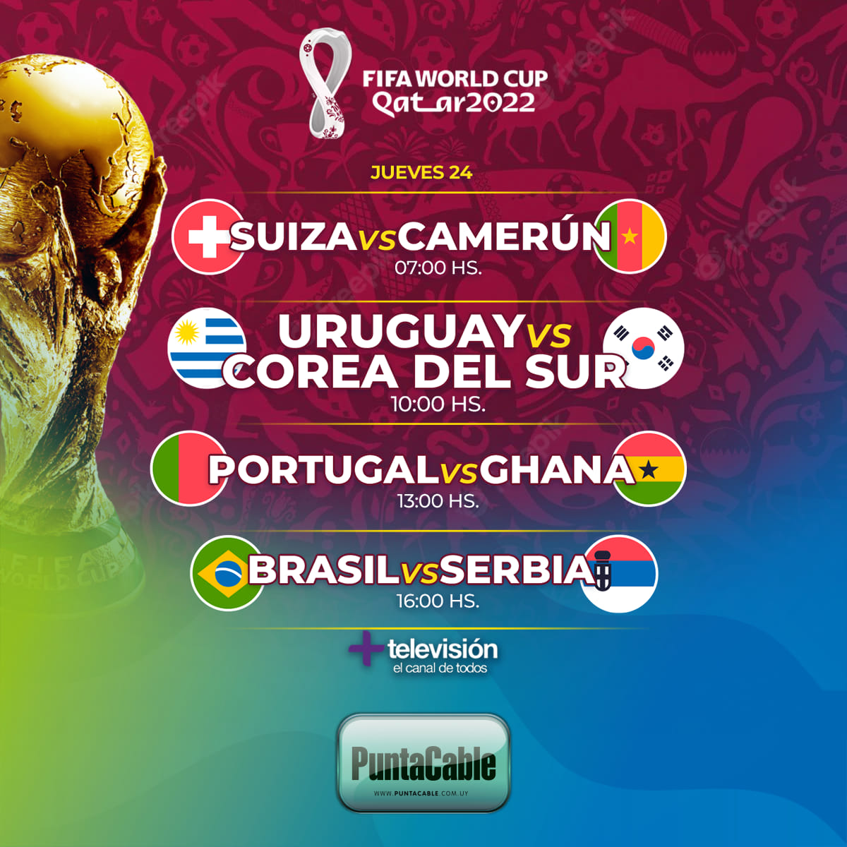 puntacable's tweet photo. #MundialQatar2022 ⚽️🏆
Partidos Jueves 24 ¡Juega La Celeste 🇺🇾🇺🇾!
⚽️ Suiza vs Camerún - 07:00 hs.
⚽️ Uruguay vs Corea del Sur - 10:00 hs.
⚽️ Portugal vs Ghana - 13:00 hs.
⚽️ Brasil vs Serbia - 16:00 hs.
Lo vivís en #PuntaCable a través de Más Televisión el canal de todos https://t.co/Oc6wg6jdXh