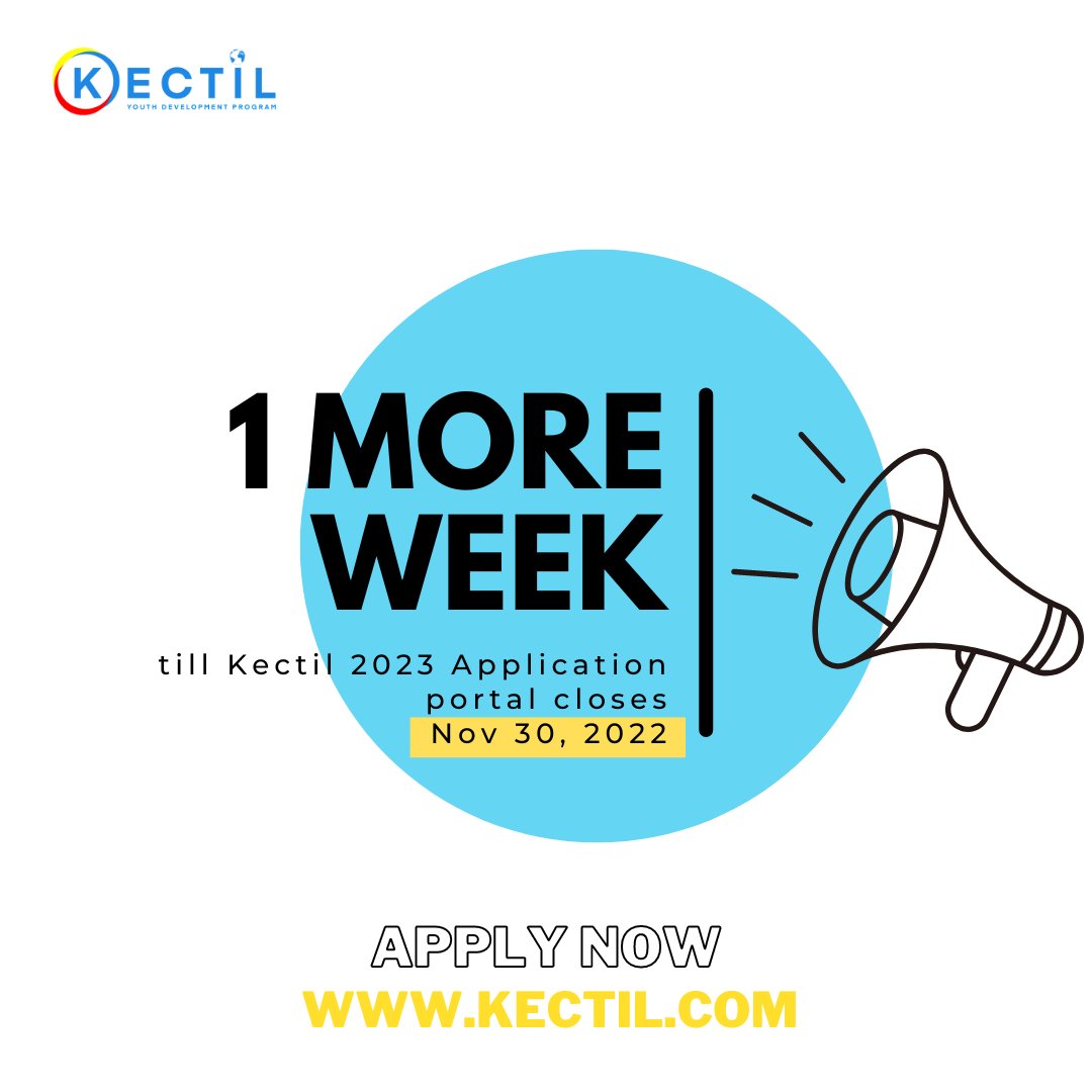 𝟭 𝘄𝗲𝗲𝗸 𝘁𝗼 𝘁𝗵𝗲 𝗞𝗲𝗰𝘁𝗶𝗹 𝟮𝟬𝟮𝟯 𝗔𝗽𝗽𝗹𝗶𝗰𝗮𝘁𝗶𝗼𝗻 𝗗𝗲𝗮𝗱𝗹𝗶𝗻𝗲
Because we're wrapping up the 2022 program, we're now recruiting for 2023, and applications close on 𝗡𝗼𝘃𝗲𝗺𝗯𝗲𝗿 𝟯𝟬, 𝟮𝟬𝟮𝟮, at 11:59 p.m. EST. Apply at kectil.com
#Kectil