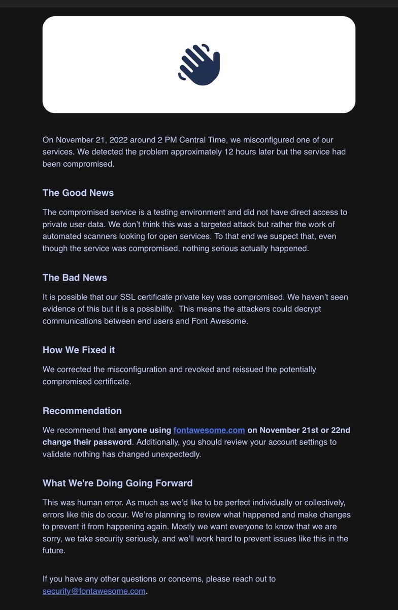 SeanWrightSec's tweet photo. Kudos to ⁦@fontawesome⁩ on this communication. Clear and concise and none of the other deflection you often see with these disclosures. Great work to the team 👏 https://t.co/ACvdFeri0h