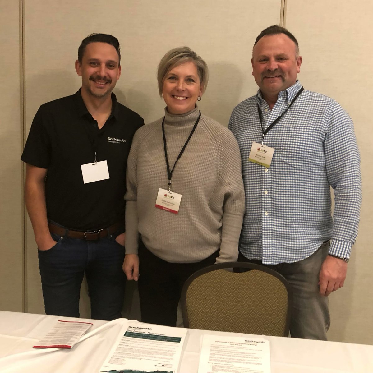 Backswath's tweet photo. Backswath is out in force at this week's Agricultural Excellence Conference in Canmore, Alberta -- hosted by @FMC_GAC. Our CEO Josée Lemoine is flanked by Farm Management Consultant Brendon Fornwald (left) and Agribusiness Practice Lead Bruce Kirk. 
#CdnAg #AgEx2022 https://t.co/RrFtfKNL7W