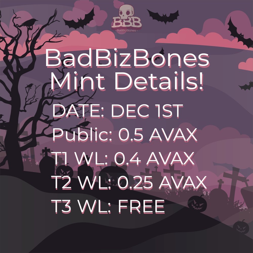 MINT DETAILS REVEAL!
 - Mint date: December 1st
 - Public price: 0.5 $AVAX
 - WL tier 1 price: 0.4 $AVAX
 - WL tier 2 price: 0.25 $AVAX
 - WL tier 3 price: FREE!!

We will pick THREE people from the retweets to give different WL tiers to!
